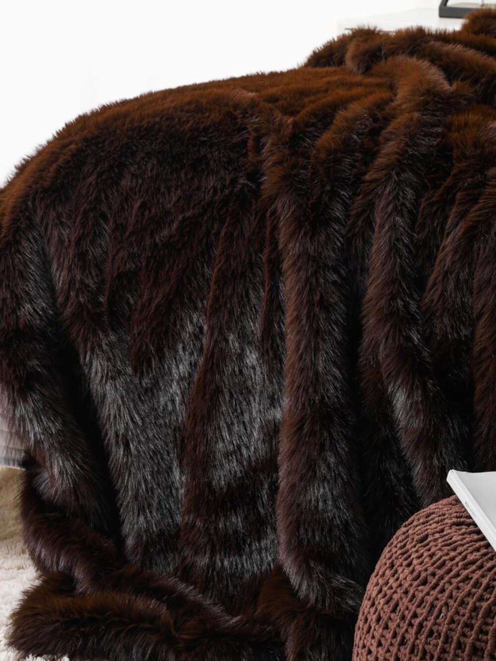 Luxury Fluffy Brown Faux Fur Throw Blanket, Cozy Warm Fur Blanket for Couch, Sof - Picture 5 of 10